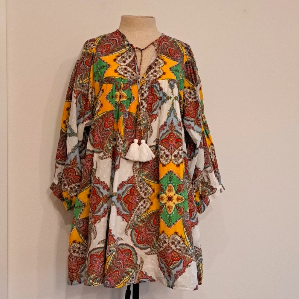 NWT MILLE Resort &Travel colorful boho print dress. Cotton. Poof sleeve. Org 229